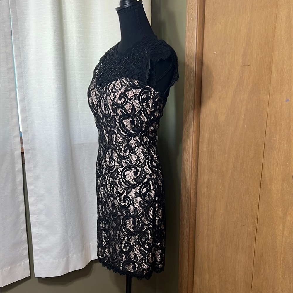 High-Neck, Cap Sleeve Lace and Sequins - Black and Tan Dress - Picture 3 of 5